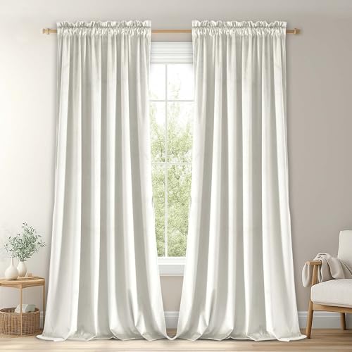 JIUZHEN Ivory Velvet Curtains 96 inches for Living Room - Soft Retro Blackout Velvet Drapes Rod Pocket Room Darkening Thermal Insulated for Bedroom/Gallery, 70W x 96L, 2 Panels with Tiebacks