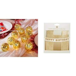 Talking Tables Gold Mirror Disco Fairy String Lights & Gold Happy Birthday Garland Bundle