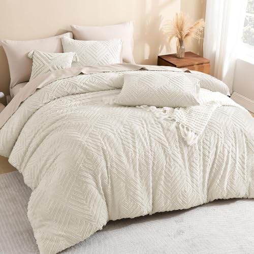 Litanika Beige Oversized Queen Comforter, 3 Pieces Cream Tufted Boho Farmhouse Bedding Comforter Sets, Lightweight Fluffy Comforter Bed Set for All Season (98x98In Comforter and 2 Pillowcases)