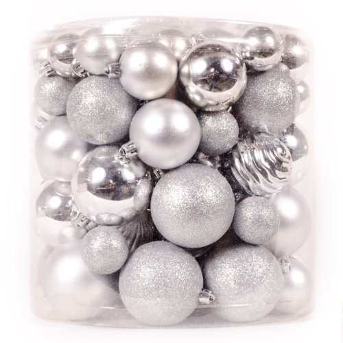 WeRChristmas 80-Piece Deluxe Variety Christmas Tree Baubles Decoration Pack, Silver