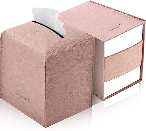PENGLONG Tissue Box Cover 5X5X5'' PU Leather Tissue Holder Square Tissue Cube Box Organizer for Bathroom Vanity Countertop, Car, Night Stands, Office, Home, Kitchen (2Pack, Pretty Pink)