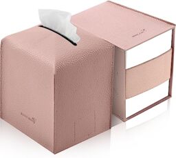 PENGLONG Tissue Box Cover 5X5X5'' PU Leather Tissue Holder Square Tissue Cube Box Organizer for Bathroom Vanity Countertop, Car, Night Stands, Office, Home, Kitchen (2Pack, Pretty Pink)