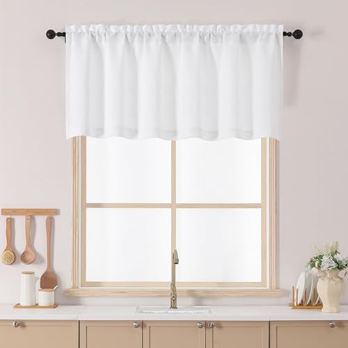 Chyhomenyc White Kitchen Curtain 24 Inch Length, Light Filtering Textured Small Half Window Cafe Curtain, Short Curtain Valance for Cabinet Bathroom Basement RV Camper, 1 Panel, 60Wx24L