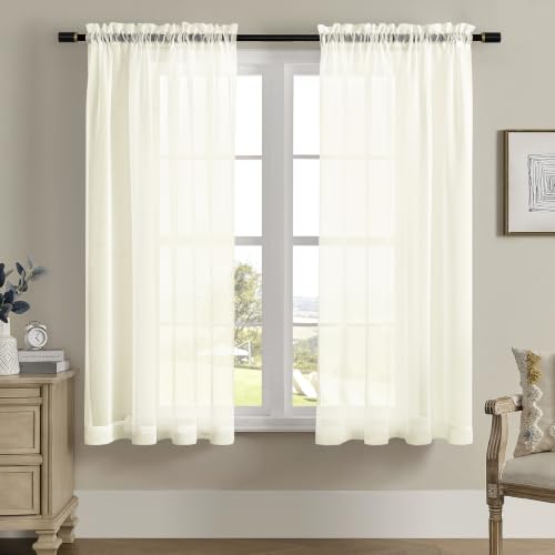 "MYSTIC-HOME Sheer Curtains 45 Inch Length, Rod Pocket Voile Drapes for Living Room, Bedroom, Window Treatments Semi Crinkle Curtain Panels for Yard, Patio, Villa, Set of 2, 52""x 45"", Beige"