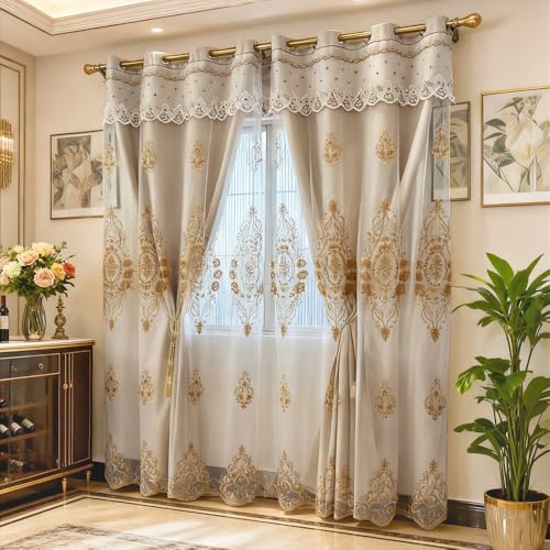 Amidoudou 1 Pair European Luxury Double Layered Flower Curtains Curtains Embroidered Curtains with Valance for Living Room Bedroom Balcony (Beige Gold,52x90 Inch)