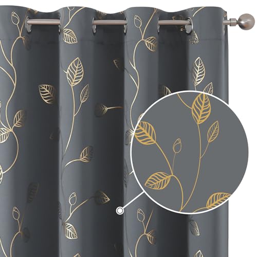 BUHUA Blackout Curtains, 2 Panels Burgundy, Soundproof with Gold Leaf Print (52 x 84 Inch, Light Grey, Set of 2 Panels)