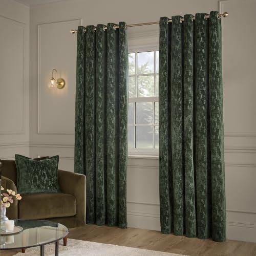 Paoletti Aurelio Eyelet Curtain Pair (Emerald - 117x183cm) - Woven Jacquard Chenille Soft Texture Abstract Room Darkening Lined Curtains