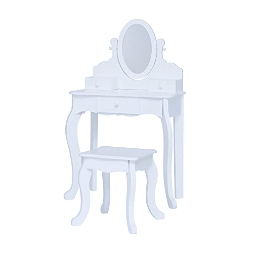 Teamson Kids Princess Rapunzel Wooden 2-pc. Play Vanity Set With Three Storage Drawers, Rotating Oval Mirror and Matching Stool to play dress-up, princess or beauty shop, White