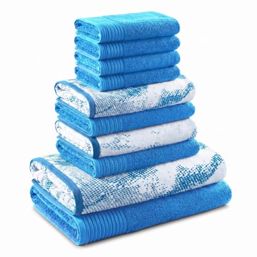 Superior Cotton 10 Piece Assorted Solid and Marble Towel Set, Includes 2 Bath, 4 Hand, 4 Washcloths/Face Towels, Soft, Absorbent, Decorative Bathroom Accessories, Home Essentials, Blue