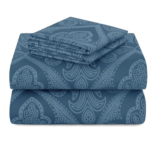 Hannah Linen Paisley California King Sheet Set, 4 PC Soft Microfiber Wrinkle Free Sheets - Luxurious Printed Bed Sheets Includes Flat Sheet, Fitted Sheet with Deep Pockets, & 2 Pillowcases - Navy Blue