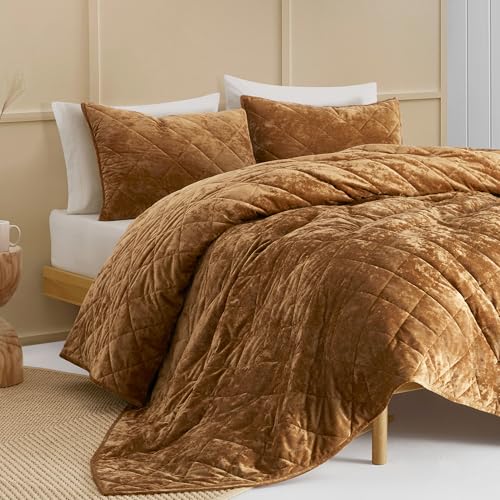 "Wonderful Luxury Velvet Caramel Quilt Set Queen, Diamond Stitch Pattern Bedding,Lightweight Ultra-Soft Skin-Friendly,All-Season,Versatile as Comforter/Bedspread for Adults Teens Kids Bedroom,94""x94"""