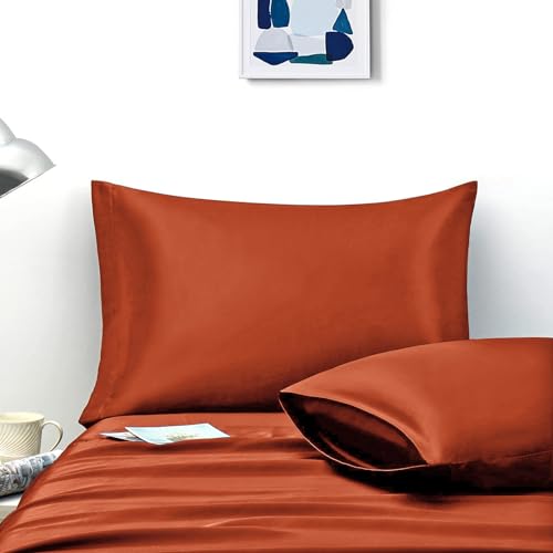"Ersmak Satin Pillowcase Queen Set of 2, 20"" x 30"" Ultra Soft & Silky Satin Pillow Cases for Hair and Skin, Wrinkle Fade Resistant Pillow Covers with Envelope Closure (Rust Orange)"