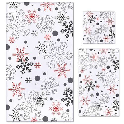 Preboun 3 Pcs Christmas Bathroom Towels Set - Gray Red Snowflakes Hand and Bath Towels, Winter Soft Absorbent Facial Towels for Kitchen, Home, Hotel, Beach, Gym, Spa