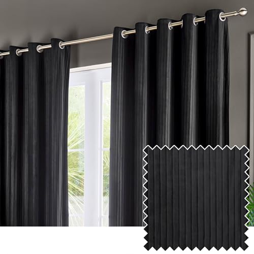 Paoletti Corinthian Velvet Eyelet Curtain Pair - Black - 117x183cm