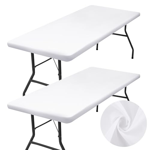 "homing 2 Pack Rectangle Table Cloth, Elastic Fitted Fabric Tablecloth Fits for 4 Foot Folding Tables, Washable Table Cover for Picnic, Camping, Indoor & Outdoor (White, 24"" x 48"")"