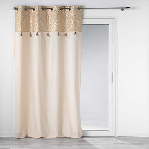 Douceur d'Int??rieur, SOLEA Gold Plain Polyester Cotton Eyelet Curtains with Top Met and Pompom Pom Pom Pom