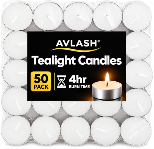 Avlash ?? Pack of 50-4 Hour Burning Time Unscented Tea Lights, Great for Centrepieces, Weddings, Christmas, Spa, Dining Table and Home D??cor