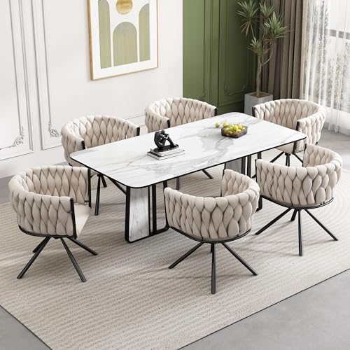 Merax Dining Chairs Set of 6, Modern Upholstered Seat for Kitchen, Living Room, or Bedroom, Featuring a Light Luxury Leisure Swivel Design with Sturdy Metal Legs and Soft Velvet Upholstery, Beige