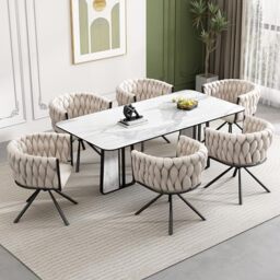 Merax Dining Chairs Set of 6, Modern Upholstered Seat for Kitchen, Living Room, or Bedroom, Featuring a Light Luxury Leisure Swivel Design with Sturdy Metal Legs and Soft Velvet Upholstery, Beige