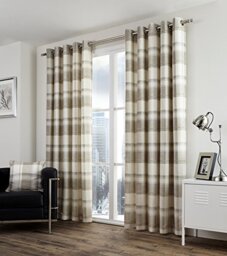 "Fusion - Balmoral Check - 100% Cotton Pair of Eyelet Curtains - 90"" Width x 72"" Drop (229 x 183cm) in Natural"