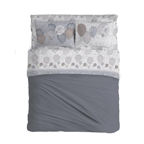 PENSIERI DELICATI Double Bed Sheet Set, 100% Cotton, 180 x 200 cm, Includes Bottom, Top Sheet and 2 Pillowcases, Made in Italy, Beige Balloons Pattern, Queen-size bed (SAVOLTEX.MATR.PALLONCINI.BEIGE)
