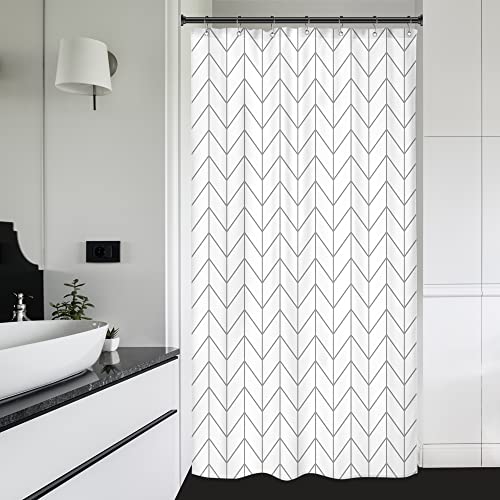 Riyidecor Stall Small Walkin Shower Curtain Simple Single White Grey Half 39x72 Inch Narrow Tiny Geometric Chevron Striped Herringbone 7 Pack Hooks Dorm Decor Fabric Bathroom Set Polyester Waterproof