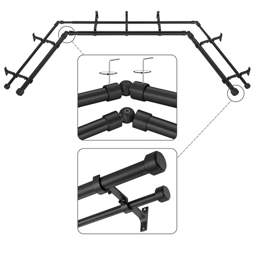 "Mayrhyme Black Double Corner Window Curtain Rods with Aluminum End Cap Finials and Brackets,1 Inch Diameter Dual Bay Window Curtain Rods, Adjustable 2 Sided 32-58"" and 32-86 Center Double Rod"