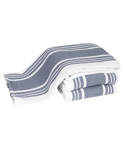 "All-Clad Dish Towels Dual Purpose Reversible, 100% Absorbent Cotton, Kitchen Towels Set of 3 Striped, 17"" x 30"", 3-Pack Indigo Textiles"