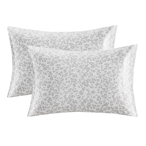 Madison Park Essentials Set of 2 Satin Pillowcase for Hair & Skin, Luxuriously Soft, Silky with Natural Sheen Luster, Cool to Touch, Wrinkle-Free, Machine Washable, Standard Gray Leopard 2 Piece
