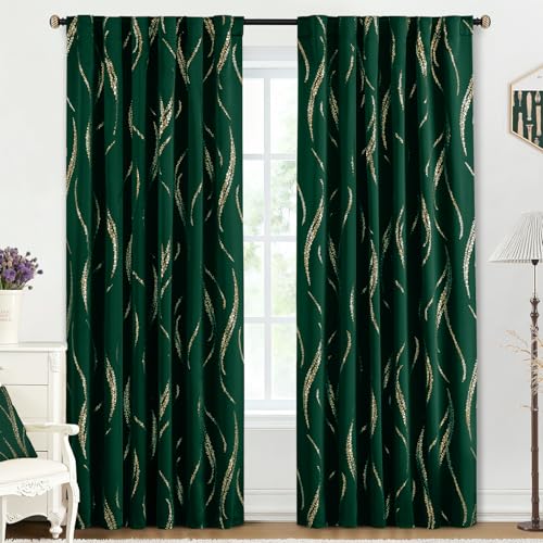 Yakamok Blackout Curtains 84 inch Length Living Room Thermal Insulated Gold Wave Line Dots Pattern Curtains Room Darkening Back Tab Curtains for Bedroom, Emerald Green, W52 x L84-inch, 2 Panels