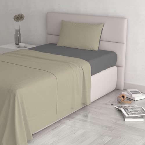 Italian Bed Linen Natural Color Bed Set (Flat 150x300, Fitted Sheet 90x200cm+Pillowcase 52x82cm), Petrol Bottle Green, 100% Cotton, Dove Gray/Smoke, SINGLE