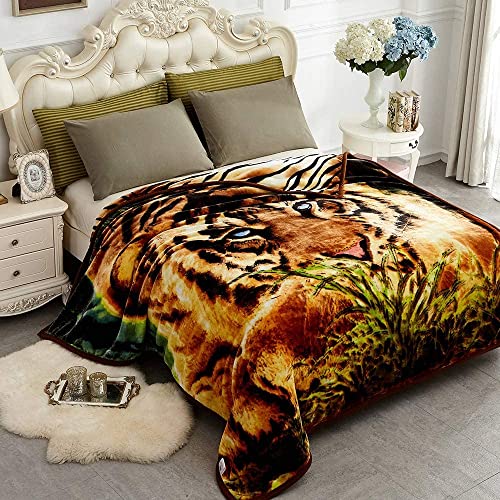 "JYK Korean Faux Mink Fleece Blanket 83"" X 91"", 5.7 LB - 2 Ply Reversible Soft Warm Plush Flannel Blanket, A&B Pattern Embossed Blanket for All Seasons(Tiger/Tiger Stripes, King)"