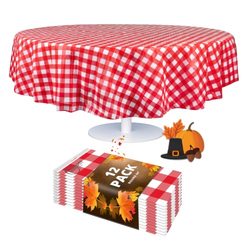 "Grandipity 12 Pack Premium Disposable Plastic Picnic Tablecloth 84"" Inch Decorative Round Table Cover - Red Checkered Gingham"