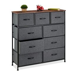 Relaxdays Chest of Drawers, Metal, 9 Fabric Compartments, Shelf in Modern Wooden Look, HWD: 100x100x30 cm, Grey/Brown