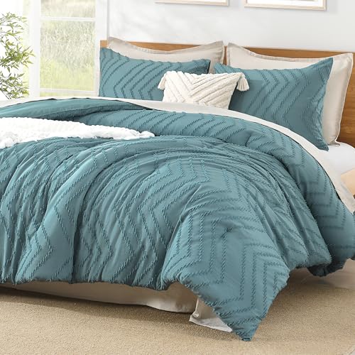 Litanika Super King Comforter Set, 3 Pcs Boho Tufted Bedding Set - Oversized King Grayish TealNeutral Lightweight Fluffy Chevron Textured Bohemian Bedding Set Gift Choice