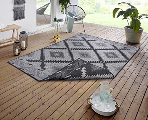 NORTHRUGS Malibu Indoor and Outdoor Rug Reversible Rug Weatherproof Modern Geometric Pattern Runner for Balcony Patio Garden Conservatory Living Room Waterproof in Night Silver