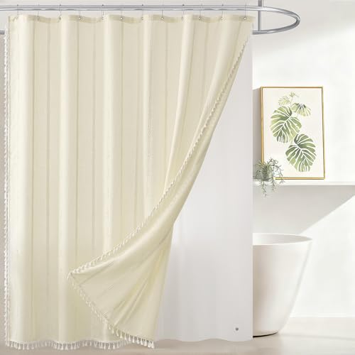 downluxe 3 in 1 Farmhosue Shower Curtain Set with Tassel, Boho Fabric Shower Curtains for Bathroom, Cream, 72W x 72L