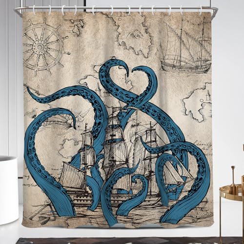 Coxila Vintage Octopus Shower Curtain Extra Long XL Large Nautical Retro Fun Funny Kraken Monster Ocean Sea Anime Pirate Cool Horror Sailboat Map Men Unique 72 x 84 Inch Polyester Fabric 12 Pack Hooks