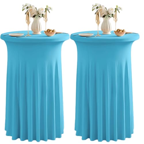 "Qubjus 2 Pack Round Cocktail Table Covers with Skirt Stretch Spandex Tablecloth 24""x43"" Cocktail Round Tablecloth for Party Wedding Birthday Banquet, Azure"