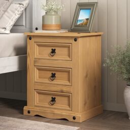 Corona Bedside Table Cabinet Large Nightstand 3 Drawer Solid Pine Wood Wax Finish 60cm H x 48cm W x 35cm D