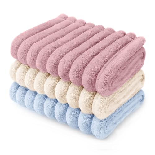 LINENLUX 1 Pack 3 Fleece Dog Blanket Soft Warm Cat Pink/White/Blue Medium - Ultra-soft 3D cut pile fleece machine wash cold, low heat dry furniture protector for dogs, cats, and puppies.