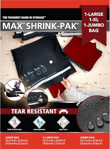 Hefty MAX Shrink-Pak Vacuum Storage Bags Combo Pack ??? Max Strength Tear-Proof Bags For Clothes, Pillows, Towels, Blankets & More ??? Space Saver Suction Sealer Bags for Home??? 1 Large, 1 XL, 1 Jumbo