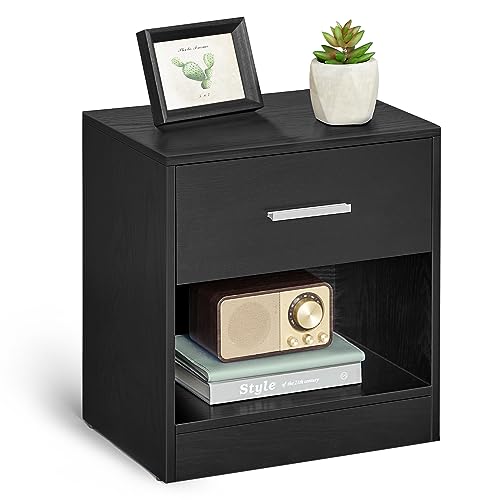 VASAGLE Bedside Table, Side Table with Drawer, Handle, Open Compartment, End Table, for Bedroom, Living Room, Classic Black LET619T56