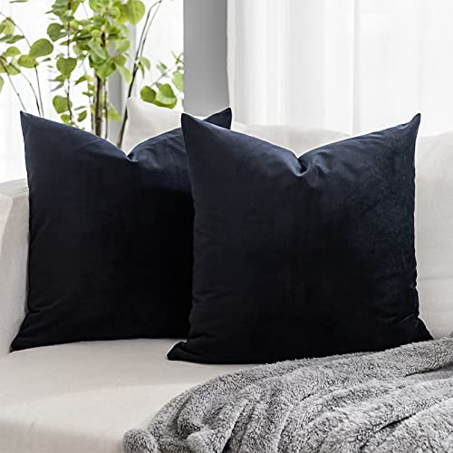 QUAFOO Black Soft Velvet Throw Pillow Covers 22x22 inch Set of 2 for Sofa Couch Bed Living Room Decorative Luxury Solid Square Cushion Covers Case with Zipper