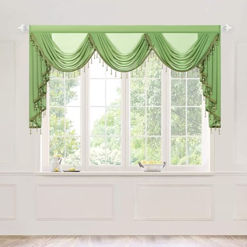 VOGOL Cyan Green Sheer Waterfall Valance, European Style Silky Soft Voile Curtain with Beaded Tassels, Airy Light Filtering Solid Window Treatments for Dining Room, 79 Inches Wide