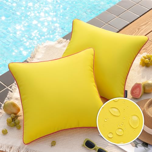 Phantoscope Pack of 2 Outdoor Waterproof Throw Pillow Covers with Contrast Piping, Decorative Square Cushion Case Patio Pillows for Couch Tent, Lemon Yellow 18x18 inches