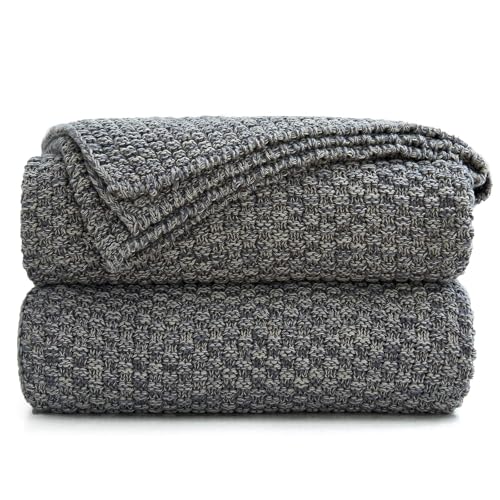 Longhui bedding Grey Knitted Throw Blanket for Couch, Soft, Cozy Machine Washable 100% Cotton Sofa Cable Knit Blankets, 4.0lb Weight, 60 x 80 Inches Oversized, Grey White Color