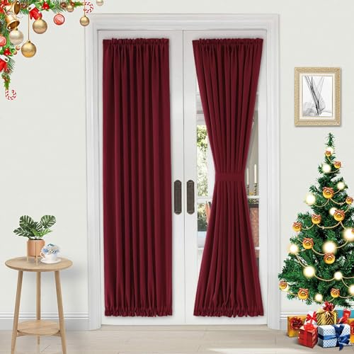 DWCN French Door Curtains ??? Rod Pocket Thermal Blackout Curtain for Doors with Glass Window, Christmas, Kitchen and Patio Doors for Privacy, 25 X 72 Inches, 1 Curtain Panel with Tieback, Burgundy