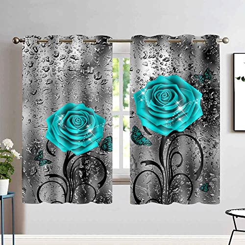 EOTDMS Teal and Gray Curtains Turquoise Rose Raindrop Floral Gray Art Bedroom Decor Blackout Window Curtains for Girls Bedroom Living Room 52x63 Inches 2 Panels