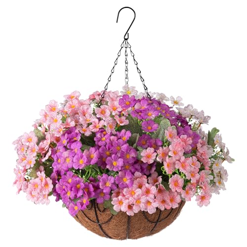 Ammyoo Artificial Flower in Hanging Basket Outdoor Indoor Decoration,Coconut Lining Flowerpot with Faux Plant,Daisy with Eucalyptus Leaves Arrangement for Home Spring Summer Decor(Pink White Purple)